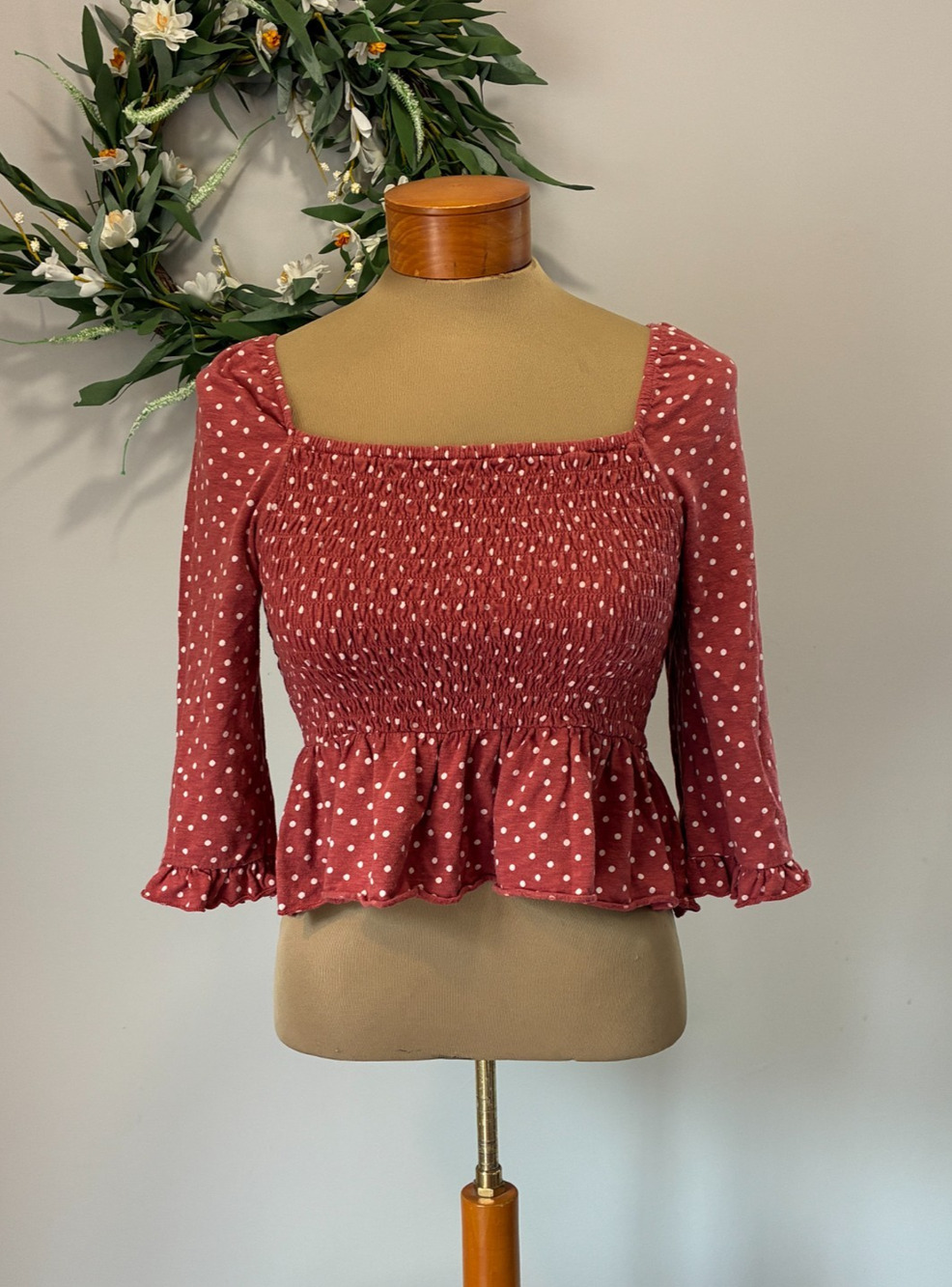 American Eagle Polka Dot Rust Color Smocked Top S